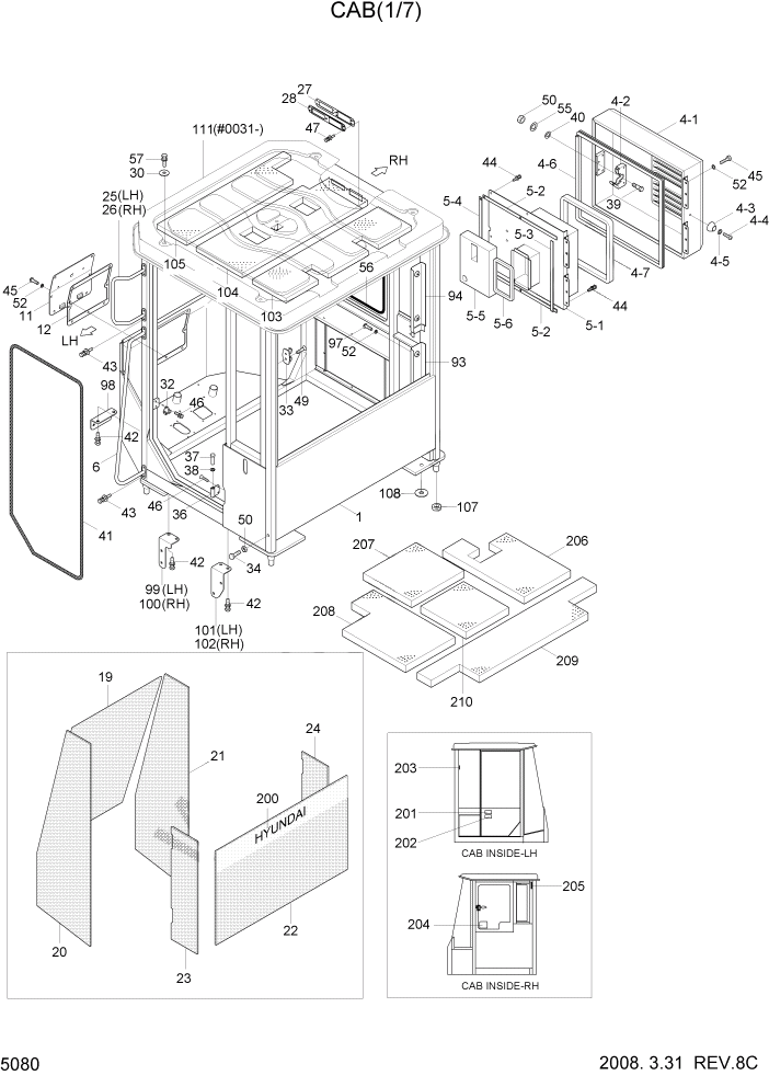 Схема запчастей Hyundai HL730-7A - PAGE 5080 CAB(1/7) СТРУКТУРА