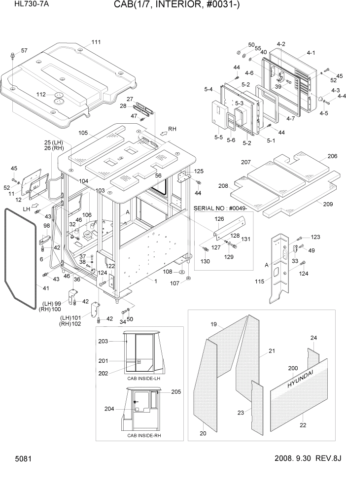 Схема запчастей Hyundai HL730-7A - PAGE 5081 CAB(1/7, INTERIOR, #0031-) СТРУКТУРА