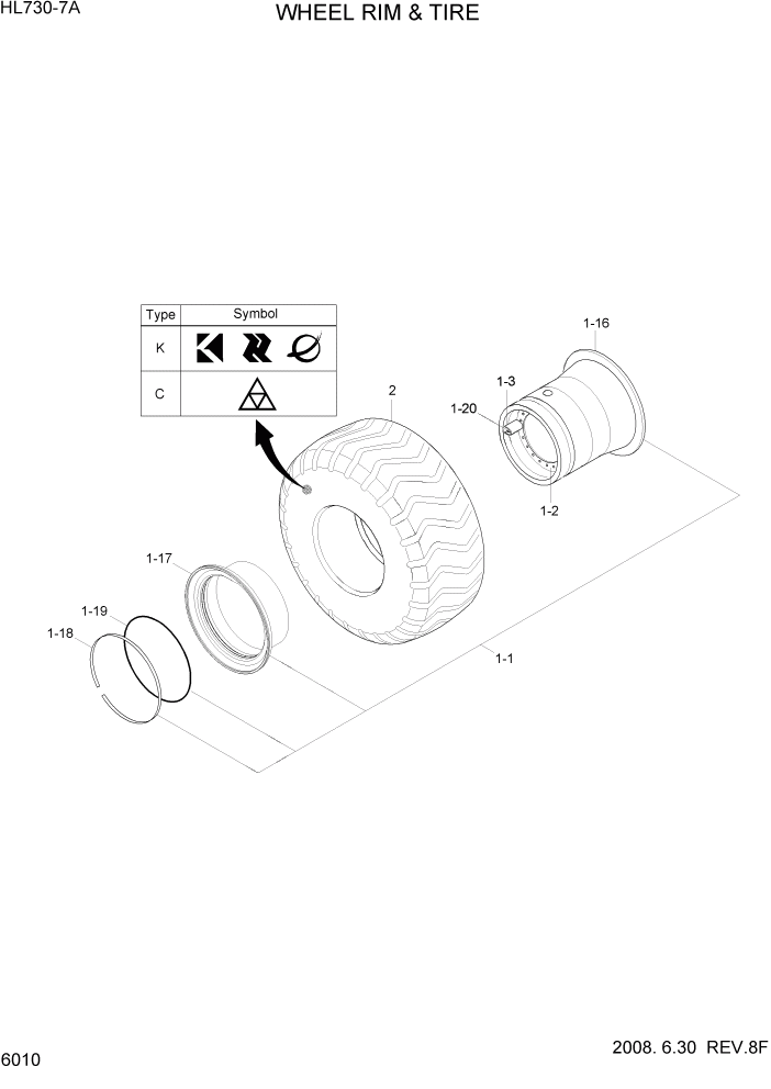 Схема запчастей Hyundai HL730-7A - PAGE 6010 WHEEL RIM & TIRE СИЛОВАЯ СИСТЕМА