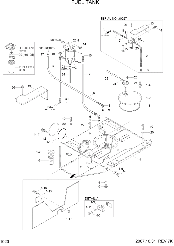 Схема запчастей Hyundai HL730TM7 - PAGE 1020 FUEL TANK СИСТЕМА ДВИГАТЕЛЯ
