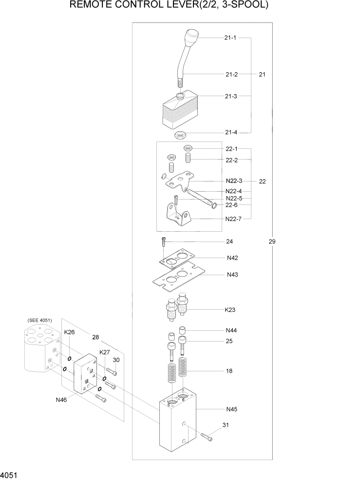 Схема запчастей Hyundai HL730TM7 - PAGE 4051 REMOTE CONTROL LEVER(2/2, 3-SPOOL) ГИДРАВЛИЧЕСКИЕ КОМПОНЕНТЫ