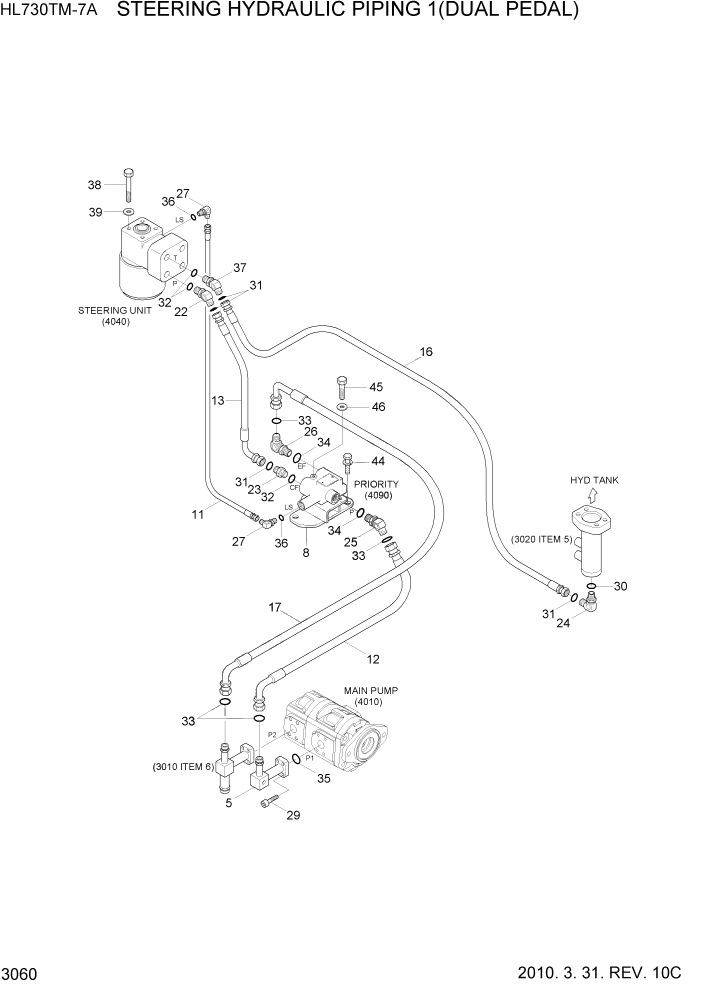 Схема запчастей Hyundai HL730TM7A - PAGE 3060 STEERING HYDRAULIC PIPING 1(DUAL PEDAL) ГИДРАВЛИЧЕСКАЯ СИСТЕМА