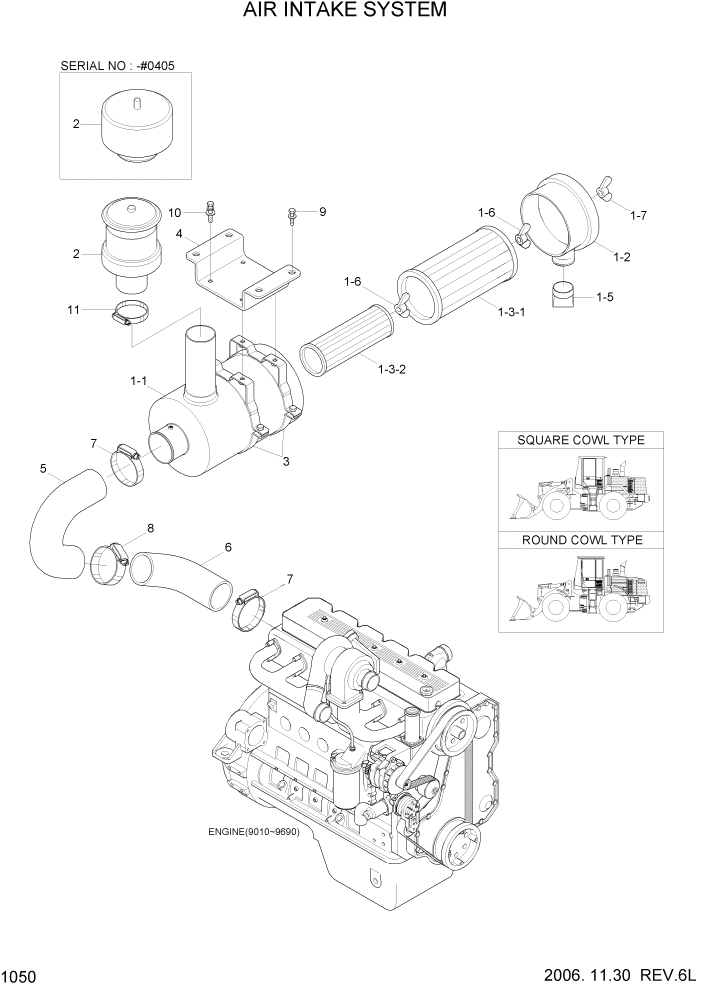 Схема запчастей Hyundai HL740-7 - PAGE 1050 AIR INTAKE SYSTEM СИСТЕМА ДВИГАТЕЛЯ