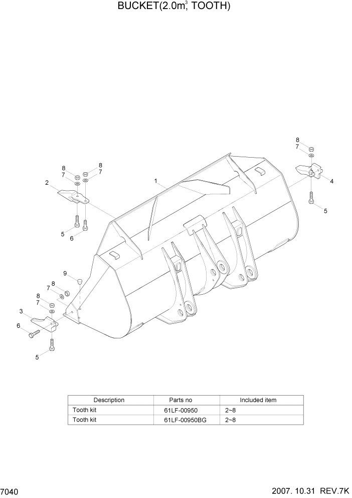 Схема запчастей Hyundai HL740-7 - PAGE 7040 BUCKET(2.0M3, TOOTH) РАБОЧЕЕ ОБОРУДОВАНИЕ