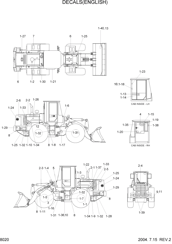 Схема запчастей Hyundai HL740-7 - PAGE 8020 DECALS(ENGLISH, SQUARE COWL TYPE) ДРУГИЕ ЧАСТИ