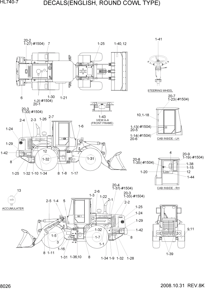 Схема запчастей Hyundai HL740-7 - PAGE 8026 DECALS(ENGLISH, ROUND COWL TYPE) ДРУГИЕ ЧАСТИ