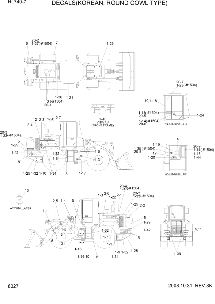 Схема запчастей Hyundai HL740-7 - PAGE 8027 DECALS(KOREAN, ROUND COWL TYPE) ДРУГИЕ ЧАСТИ