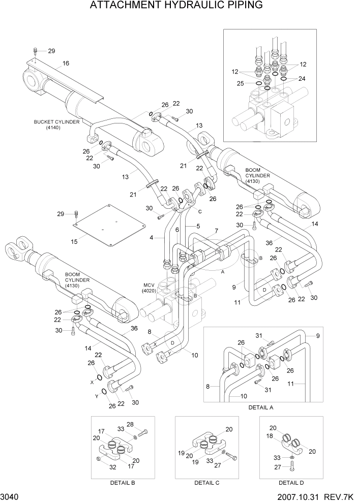 Схема запчастей Hyundai HL740-7A - PAGE 3040 ATTACHMENT HYDRAULIC PIPING ГИДРАВЛИЧЕСКАЯ СИСТЕМА
