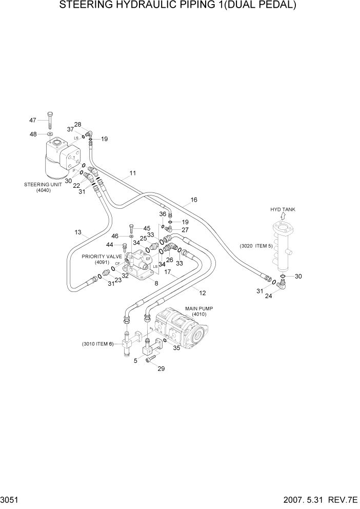 Схема запчастей Hyundai HL740-7A - PAGE 3051 STEERING HYDRAULIC PIPING 1(DUAL PEDAL) ГИДРАВЛИЧЕСКАЯ СИСТЕМА