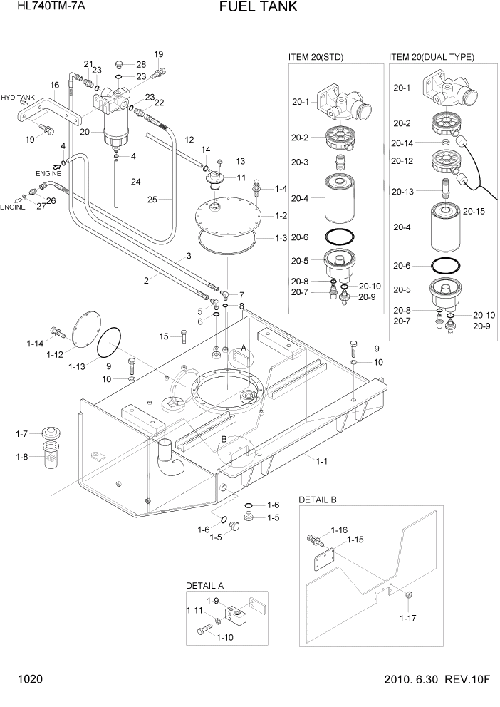 Схема запчастей Hyundai HL740TM-7A - PAGE 1020 FUEL TANK СИСТЕМА ДВИГАТЕЛЯ