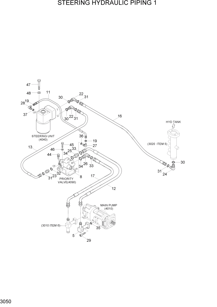 Схема запчастей Hyundai HL740TM-7A - PAGE 3050 STEERING HYDRAULIC PIPING 1 ГИДРАВЛИЧЕСКАЯ СИСТЕМА