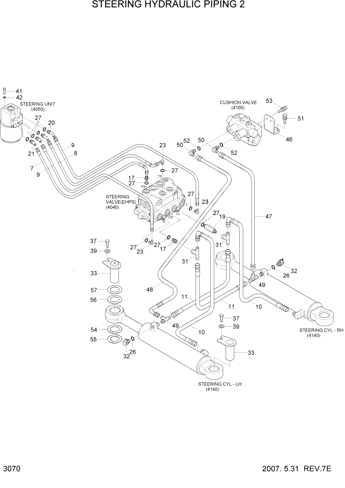 Схема запчастей Hyundai HL757-7 - PAGE 3070 STEERING HYDRAULIC PIPING 2 ГИДРАВЛИЧЕСКАЯ СИСТЕМА