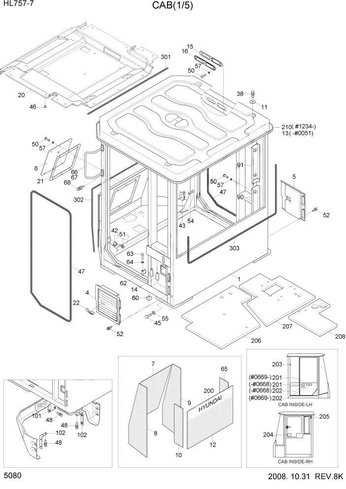 Схема запчастей Hyundai HL757-7 - PAGE 5080 CAB(1/5) СТРУКТУРА