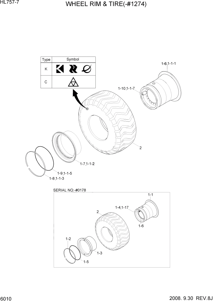 Схема запчастей Hyundai HL757-7 - PAGE 6010 WHEEL RIM & TIRE(-#1274, VOLVO) СИЛОВАЯ СИСТЕМА