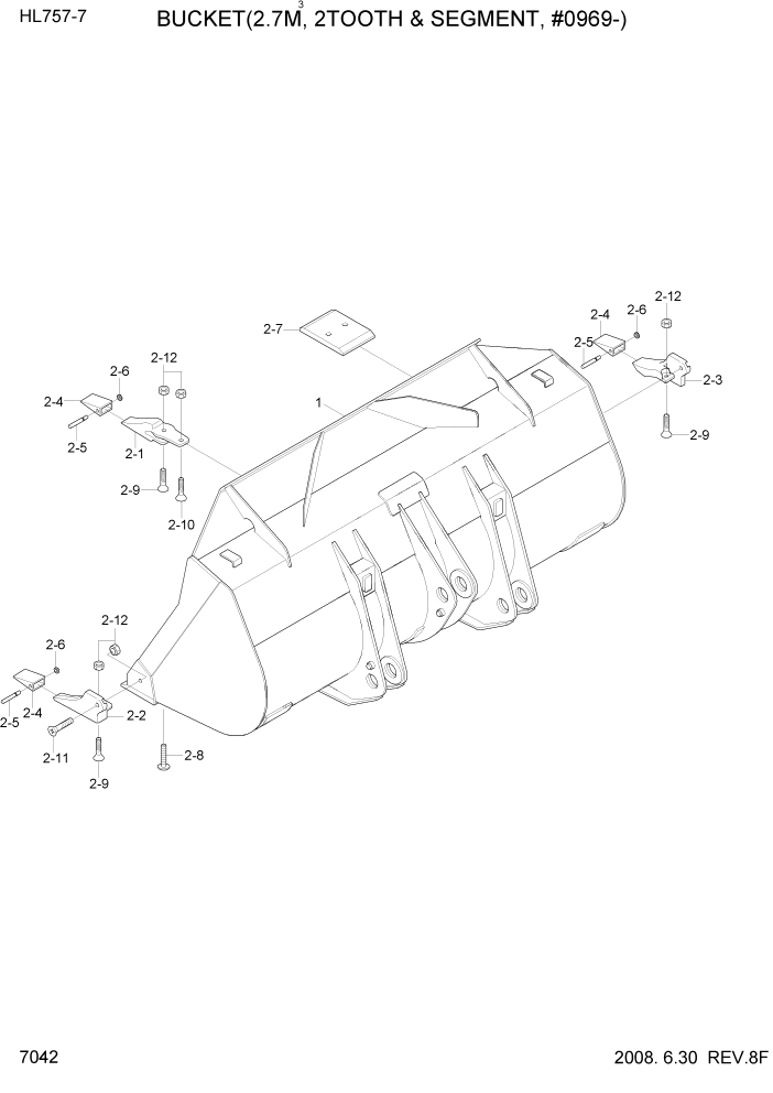 Схема запчастей Hyundai HL757-7 - PAGE 7042 BUCKET(2.7M3, 2TOOTH & SEGMENT) РАБОЧЕЕ ОБОРУДОВАНИЕ