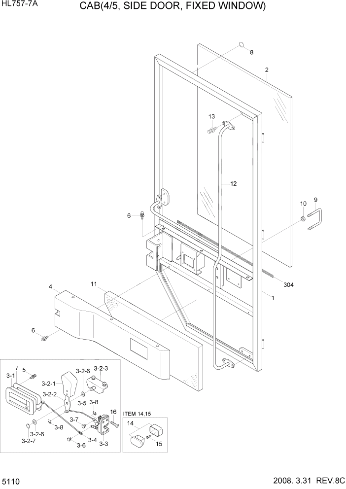 Схема запчастей Hyundai HL757-7A - PAGE 5110 CAB(4/5, SIDE DOOR, FIXED WINDOW) СТРУКТУРА
