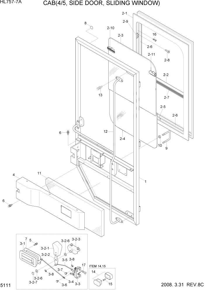 Схема запчастей Hyundai HL757-7A - PAGE 5111 CAB(4/5, SIDE DOOR, SLIDING WINDOW) СТРУКТУРА
