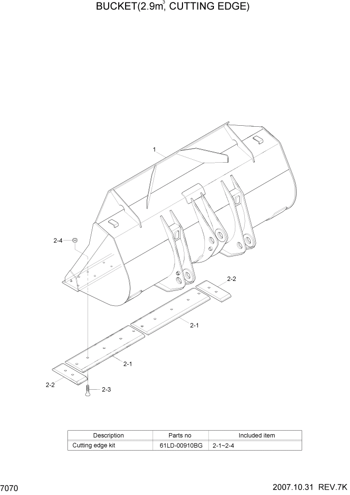 Схема запчастей Hyundai HL757-7A - PAGE 7070 BUCKET(2.9M3, CUTTING EDGE) РАБОЧЕЕ ОБОРУДОВАНИЕ