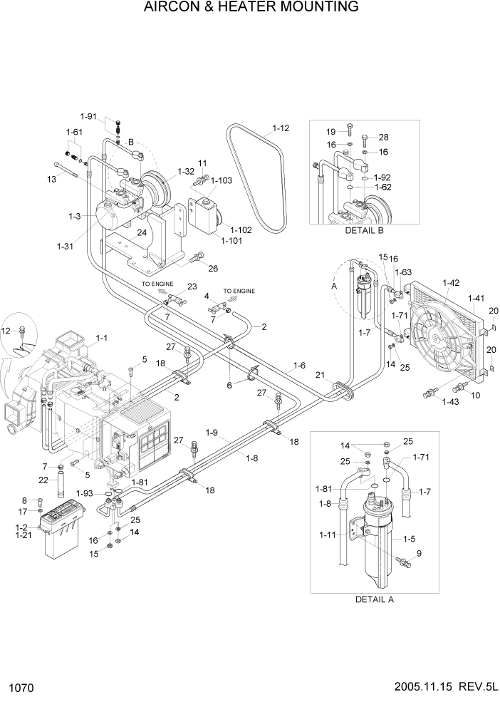 Схема запчастей Hyundai HL757TM7 - PAGE 1070 AIRCON & HEATER MOUNTING СИСТЕМА ДВИГАТЕЛЯ