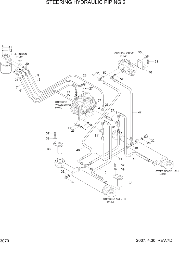 Схема запчастей Hyundai HL757TM7 - PAGE 3070 STEERING HYDRAULIC PIPING 2 ГИДРАВЛИЧЕСКАЯ СИСТЕМА