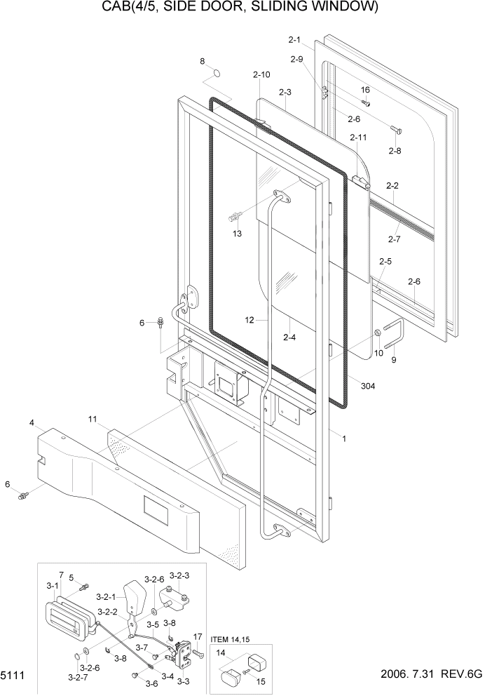 Схема запчастей Hyundai HL757TM7 - PAGE 5111 CAB(4/5, SIDE DOOR, SLIDING WINDOW) СТРУКТУРА
