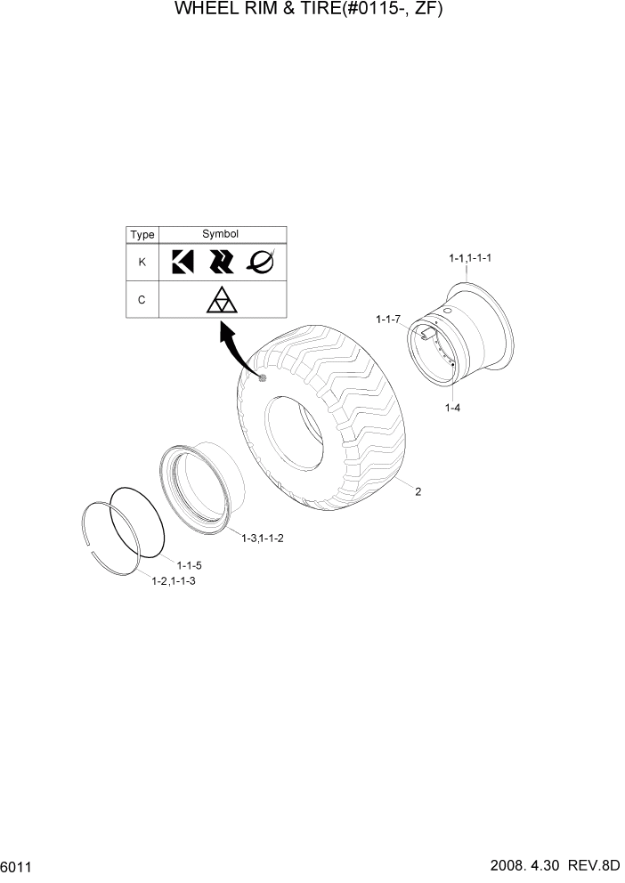 Схема запчастей Hyundai HL757TM7 - PAGE 6011 WHEEL RIM & TIRE(#0115-, ZF) СИЛОВАЯ СИСТЕМА