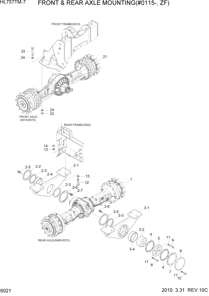 Схема запчастей Hyundai HL757TM7 - PAGE 6021 FRONT & REAR AXLE MOUNTING(#0115-, ZF) СИЛОВАЯ СИСТЕМА