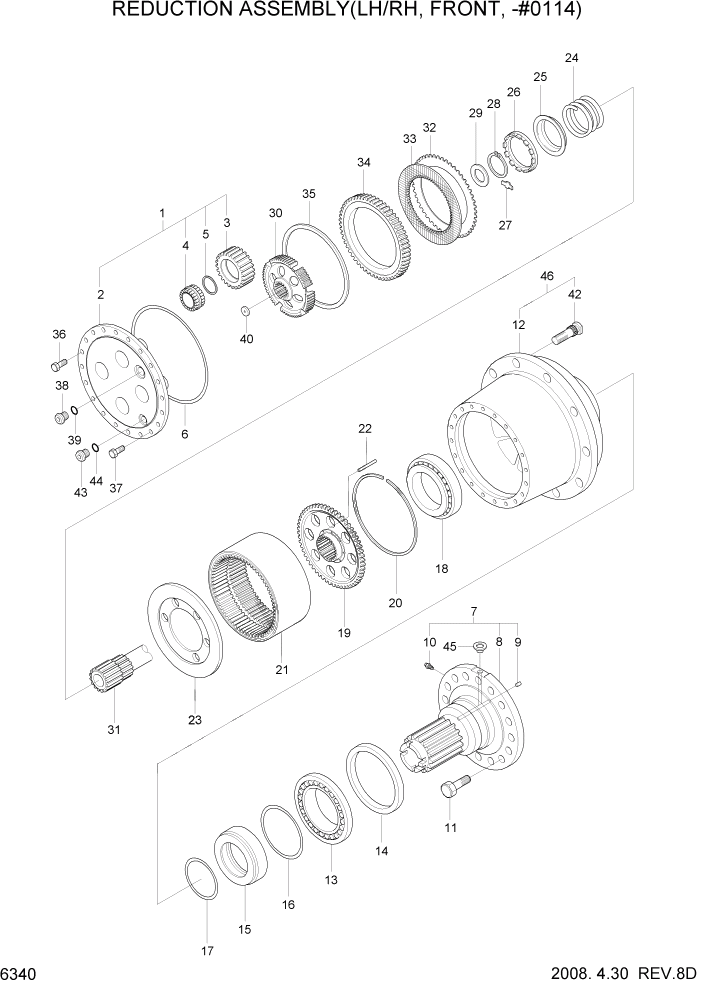 Схема запчастей Hyundai HL757TM7 - PAGE 6340 REDUCTION ASSEMBLY(LH/RH, FRONT, -#0114) СИЛОВАЯ СИСТЕМА