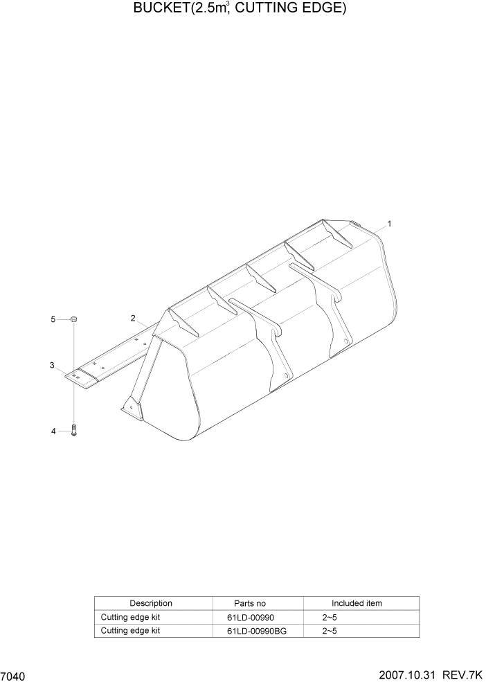 Схема запчастей Hyundai HL757TM7 - PAGE 7040 BUCKET(2.5M3, CUTTING EDGE) РАБОЧЕЕ ОБОРУДОВАНИЕ