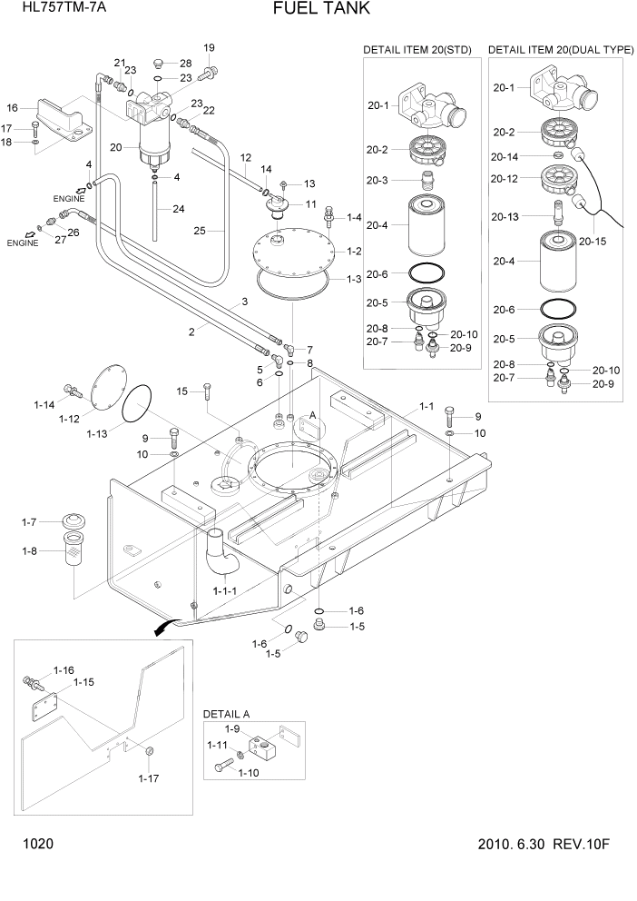 Схема запчастей Hyundai HL757TM7A - PAGE 1020 FUEL TANK СИСТЕМА ДВИГАТЕЛЯ