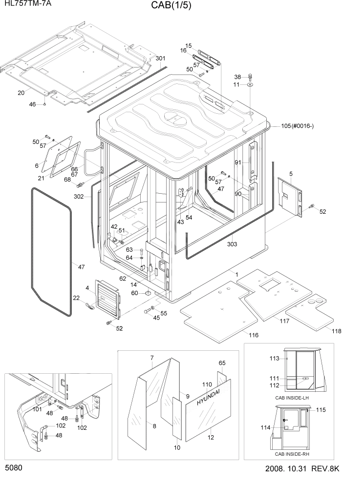 Схема запчастей Hyundai HL757TM7A - PAGE 5080 CAB(1/5) СТРУКТУРА