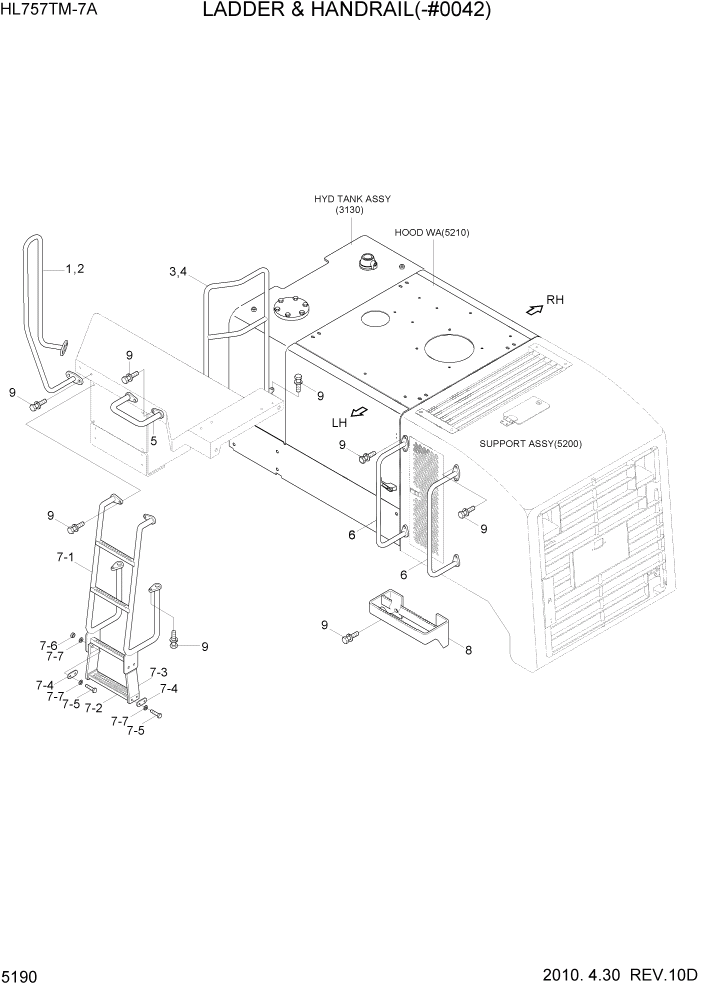 Схема запчастей Hyundai HL757TM7A - PAGE 5190 LADDER & HANDRAIL(-#0042) СТРУКТУРА