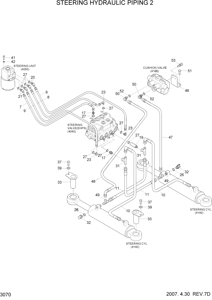 Схема запчастей Hyundai HL760-7 - PAGE 3070 STEERING HYDRAULIC PIPING 2 ГИДРАВЛИЧЕСКАЯ СИСТЕМА