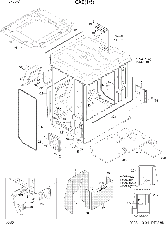 Схема запчастей Hyundai HL760-7 - PAGE 5080 CAB(1/5) СТРУКТУРА