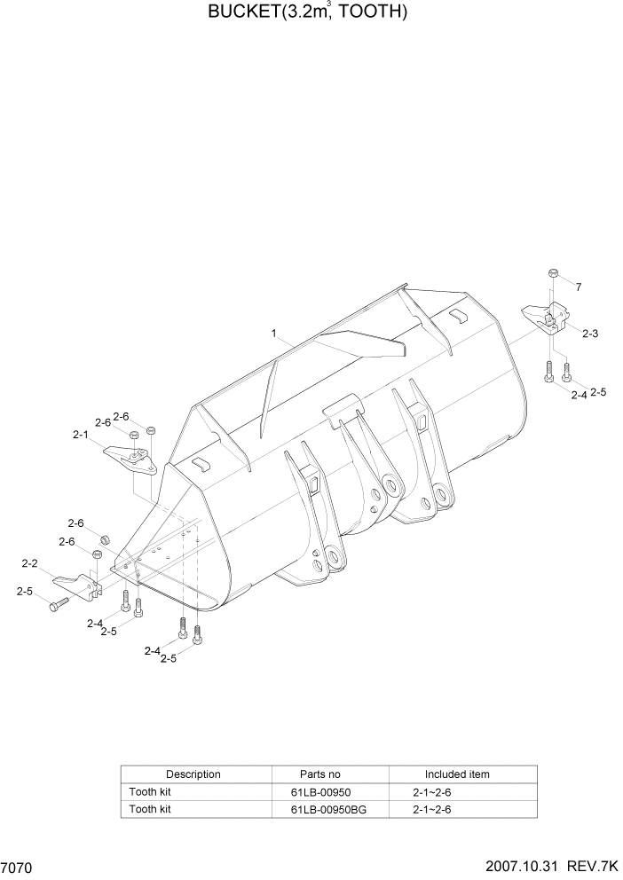 Схема запчастей Hyundai HL760-7 - PAGE 7070 BUCKET(3.2M3, TOOTH) РАБОЧЕЕ ОБОРУДОВАНИЕ