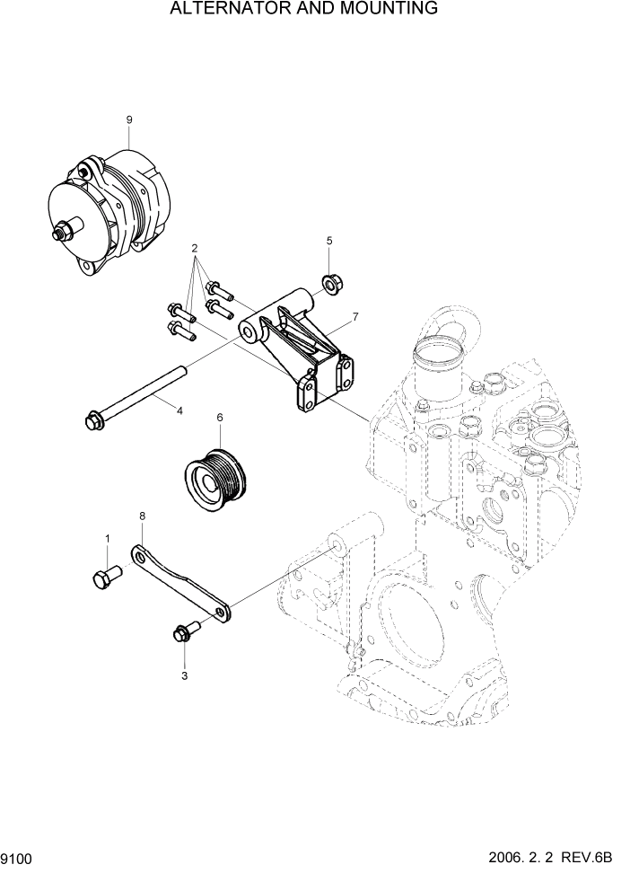 Схема запчастей Hyundai HL760-7 - PAGE 9100 ALTERNATOR AND MOUNTING ДВИГАТЕЛЬ БАЗА