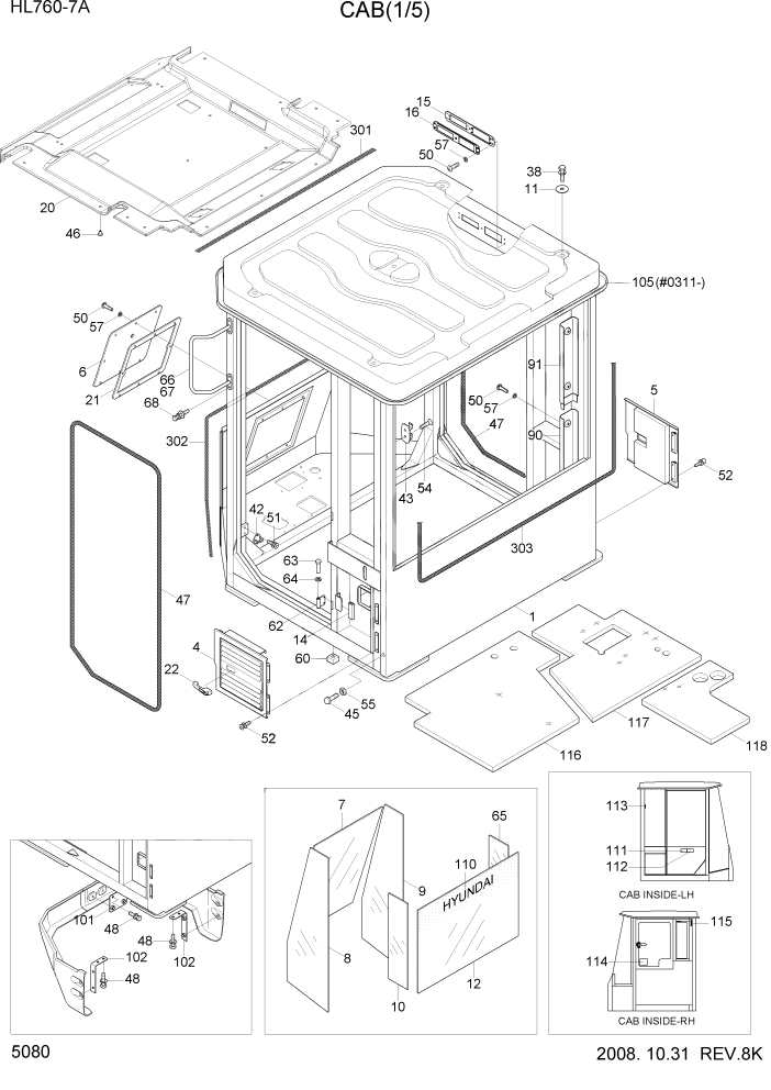 Схема запчастей Hyundai HL760-7A - PAGE 5080 CAB(1/5) СТРУКТУРА
