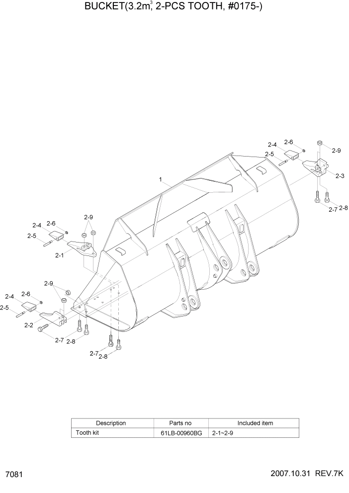 Схема запчастей Hyundai HL760-7A - PAGE 7081 BUCKET(3.2M3, 2-PCS TOOTH, #0175-) РАБОЧЕЕ ОБОРУДОВАНИЕ