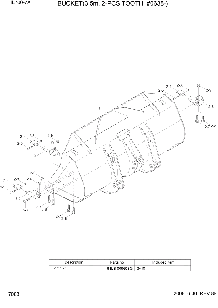 Схема запчастей Hyundai HL760-7A - PAGE 7083 BUCKET(3.5M3, 2-PCS TOOTH, #0638-) РАБОЧЕЕ ОБОРУДОВАНИЕ