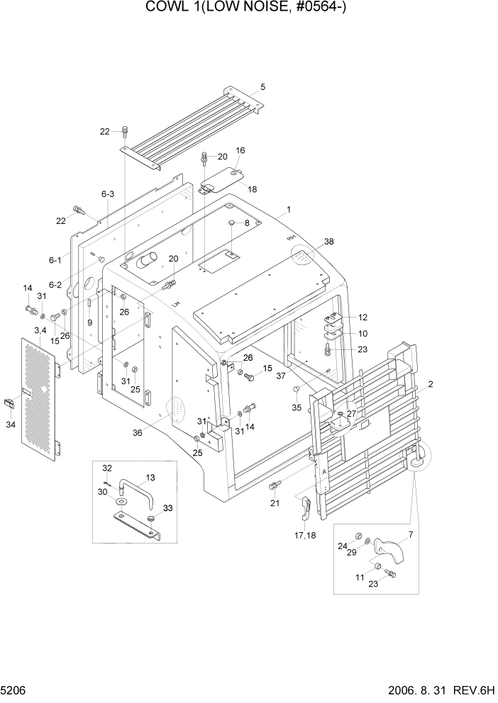 Схема запчастей Hyundai HL770-7 - PAGE 5206 COWL 1(LOW NOISE, #0564-) СТРУКТУРА