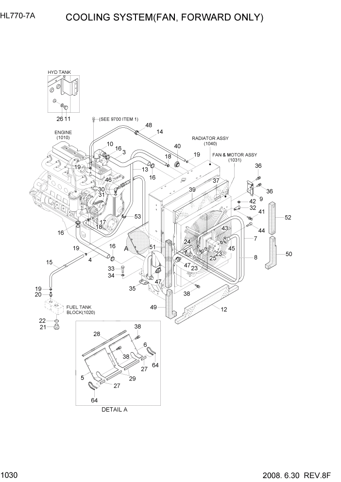 Схема запчастей Hyundai HL770-7A - PAGE 1030 COOLING SYSTEM(FAN, FORWARD ONLY) СИСТЕМА ДВИГАТЕЛЯ