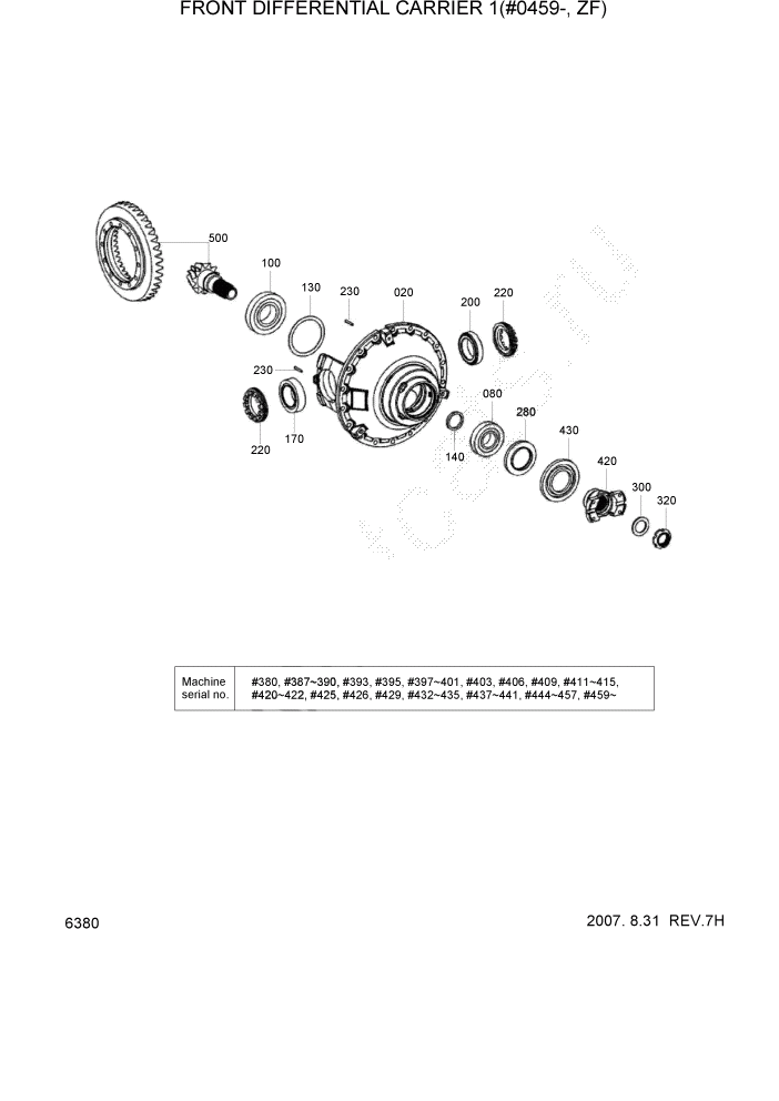 Схема запчастей Hyundai HL770-7A - PAGE 6380 FRONT DIFFERENTIAL CARRIER 1(#0459-, ZF) СИЛОВАЯ СИСТЕМА