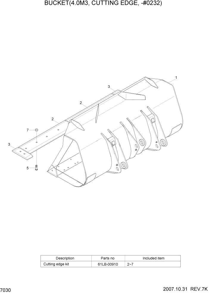 Схема запчастей Hyundai HL770-7A - PAGE 7030 BUCKET(4.0M3, CUTTING EDGE, -#0232) РАБОЧЕЕ ОБОРУДОВАНИЕ
