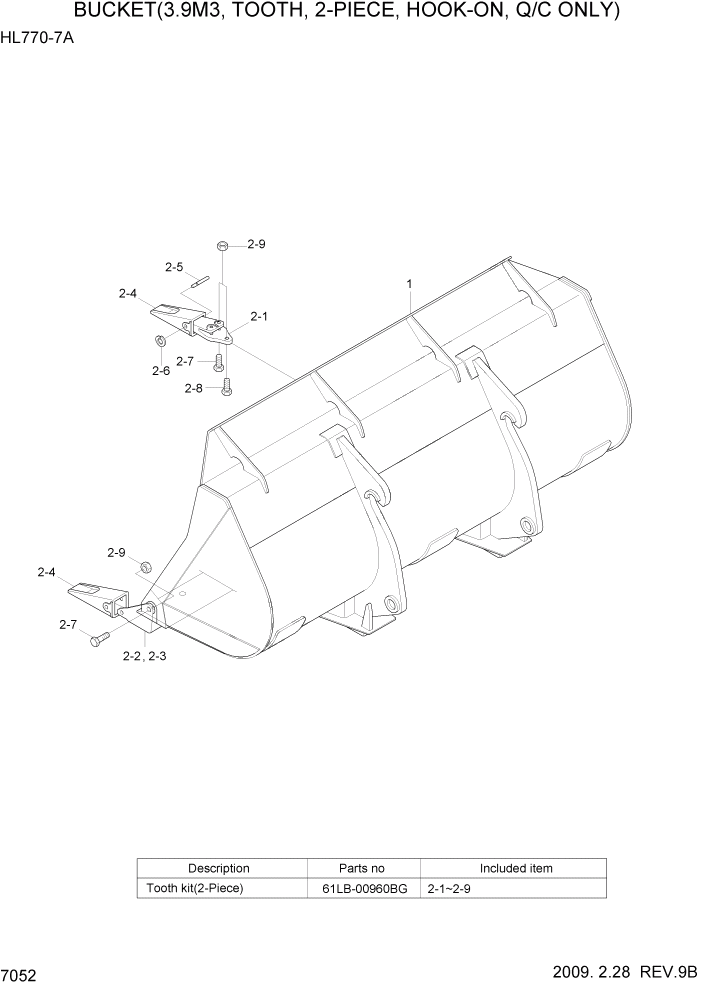 Схема запчастей Hyundai HL770-7A - PAGE 7052 BUCKET(3.9M3, TOOTH, 2-PIECE, HOOK ON) РАБОЧЕЕ ОБОРУДОВАНИЕ