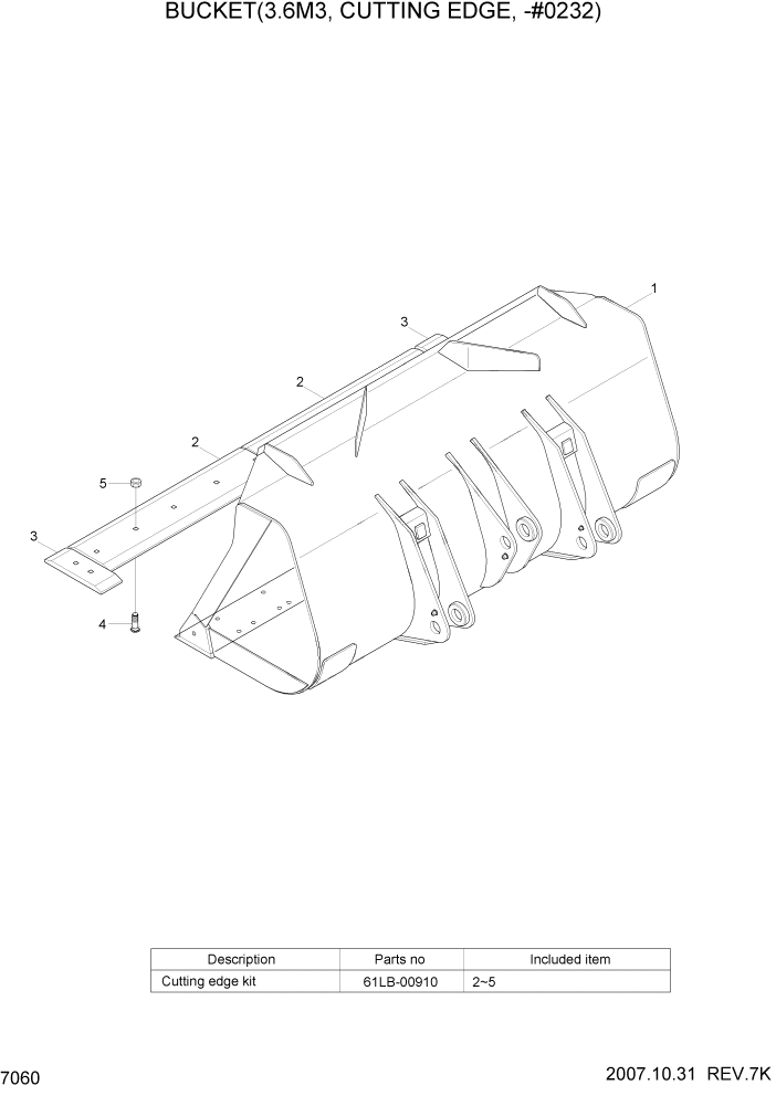 Схема запчастей Hyundai HL770-7A - PAGE 7060 BUCKET(3.6M3, CUTTING EDGE, -#0232) РАБОЧЕЕ ОБОРУДОВАНИЕ