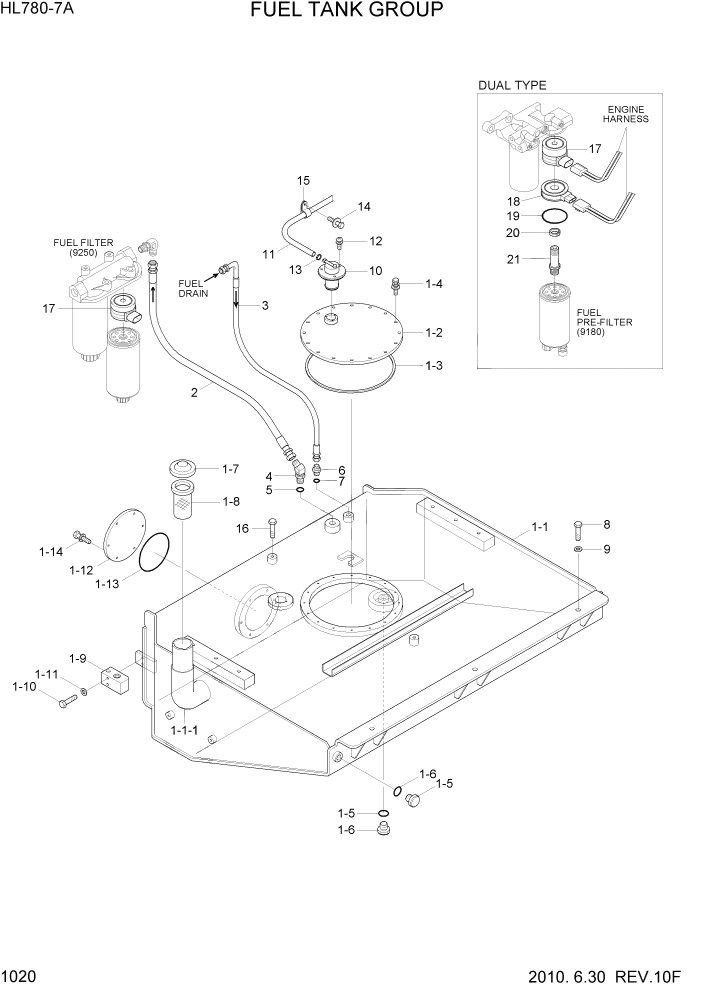 Схема запчастей Hyundai HL780-7A - PAGE 1020 FUEL TANK GROUP СИСТЕМА ДВИГАТЕЛЯ