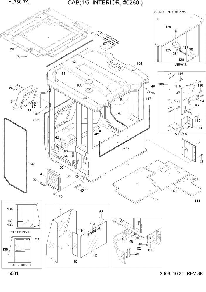 Схема запчастей Hyundai HL780-7A - PAGE 5081 CAB(1/5, INTERIOR, #0260-) СТРУКТУРА