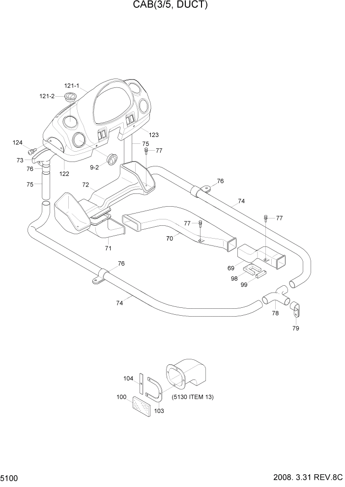 Схема запчастей Hyundai HL780-7A - PAGE 5100 CAB(3/5, DUCT) СТРУКТУРА