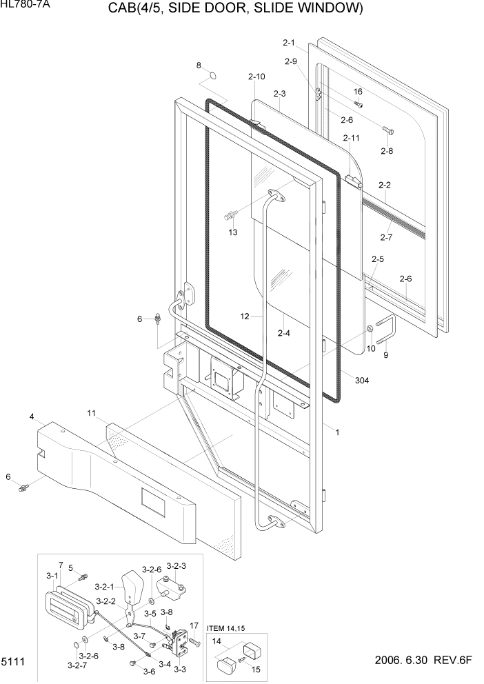 Схема запчастей Hyundai HL780-7A - PAGE 5111 CAB(4/5, SIDE DOOR, SLIDE WINDOW) СТРУКТУРА