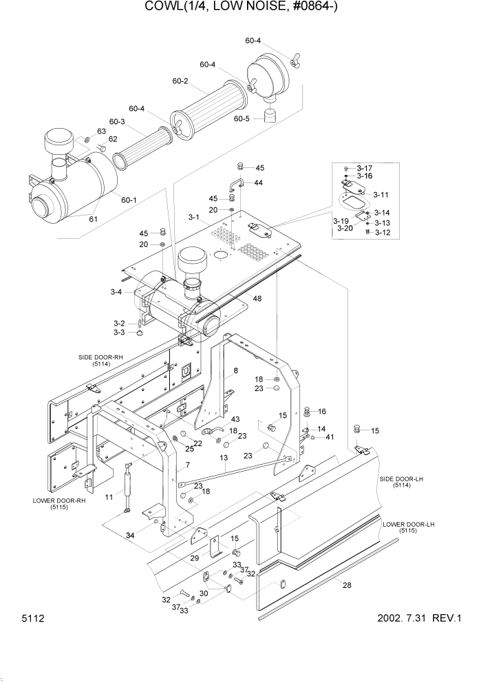 Схема запчастей Hyundai HL740-3ATM - PAGE 5112 COWL(1/4, LOW NOISE, #0864-) СТРУКТУРА